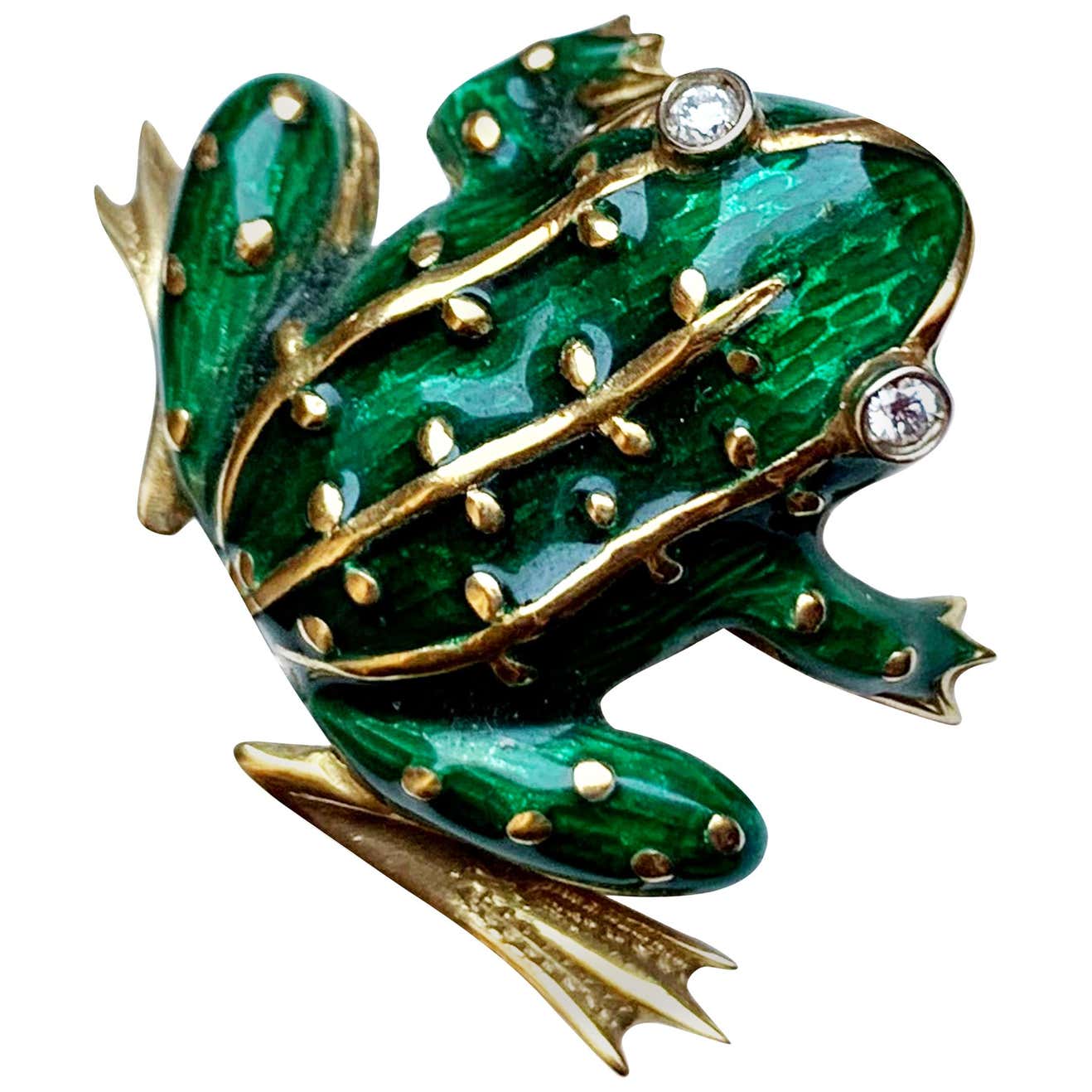 Plating Frog Vintage 18 Karat Gold Brilliant and Enamel Frog For Sale at 1stDibs