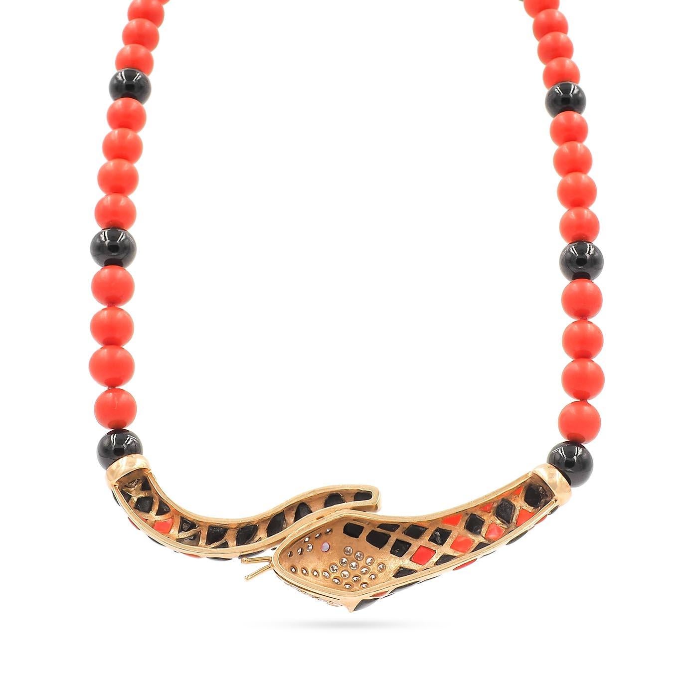 Modern Vintage 18 Karat Gold Coral & Onyx Snake Necklace