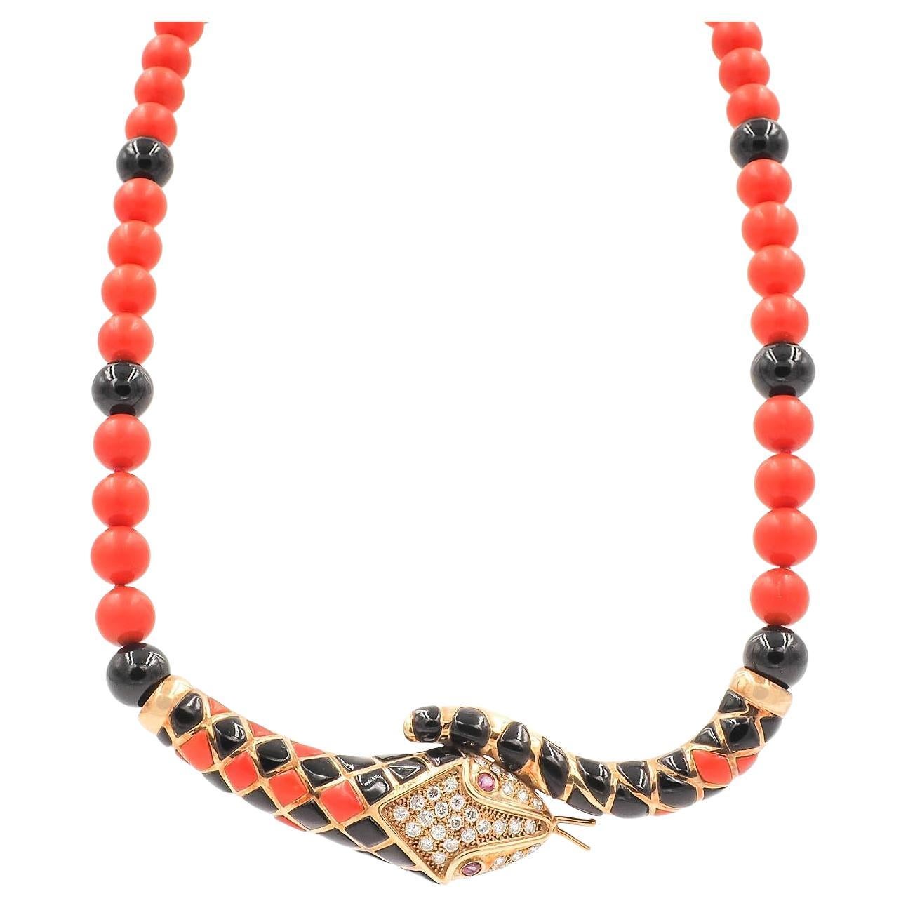 Vintage 18 Karat Gold Coral & Onyx Snake Necklace