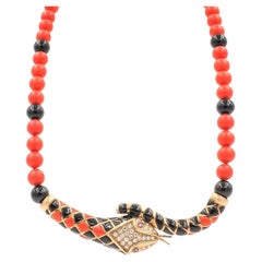 Vintage 18 Karat Gold Coral & Onyx Snake Necklace