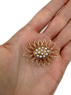 Vintage 18 Karat Gold Cultured Pearl Sunflower Pin Brooch