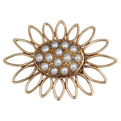 Vintage 18 Karat Gold Cultured Pearl Sunflower Pin Brooch