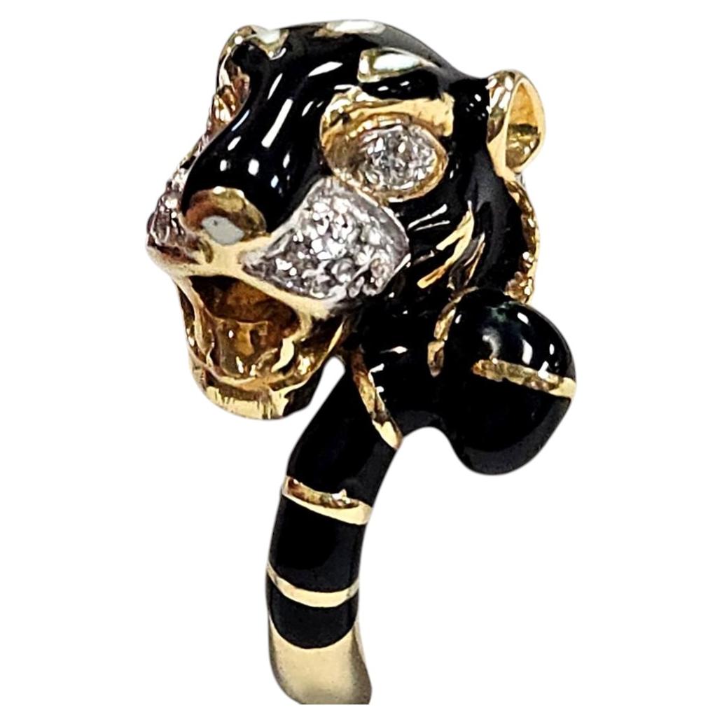 Anello vintage a forma di tigre in oro 18 carati con diamanti e smalto