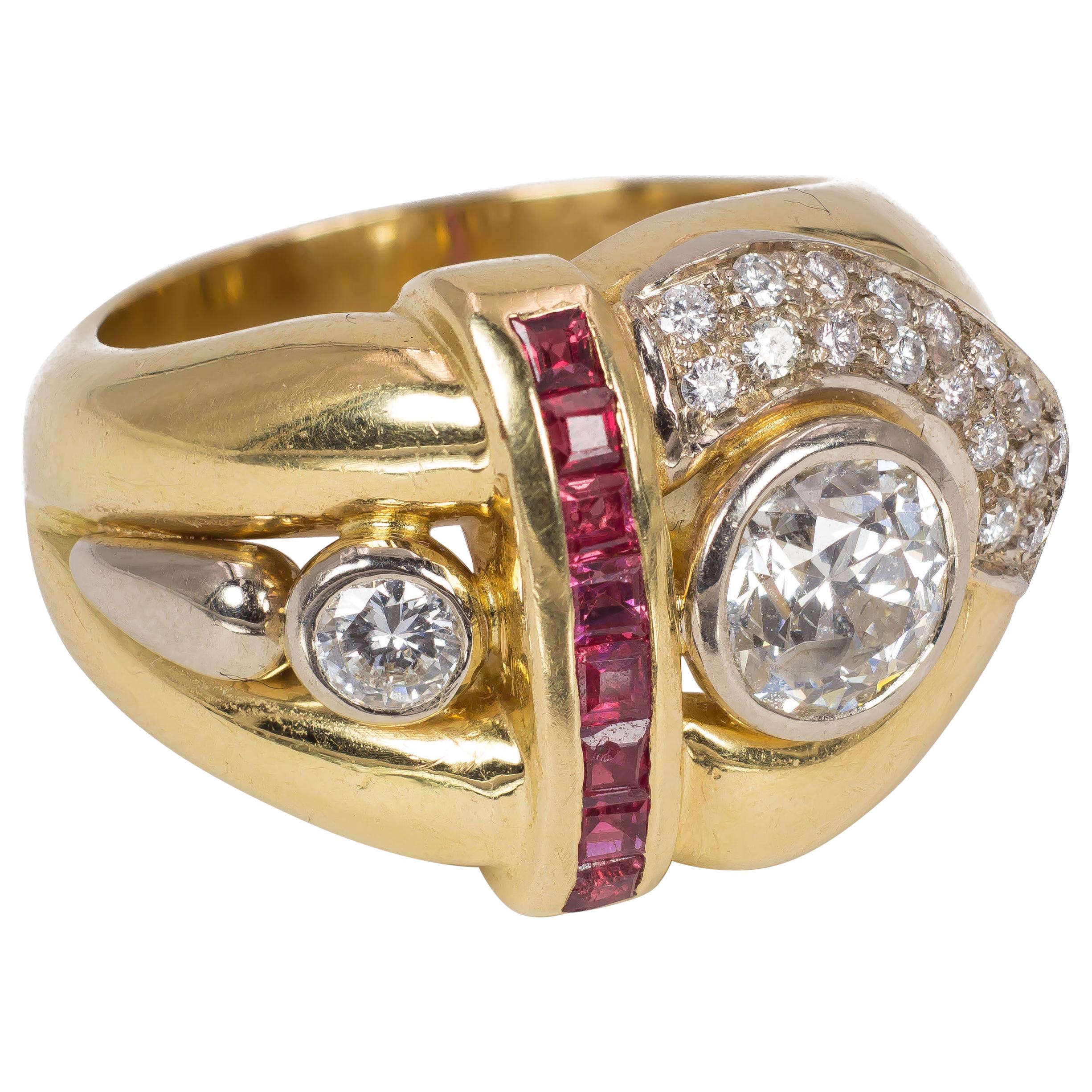 Vintage 18 Karat Gold, Diamond and Ruby Ring, 1970s For Sale