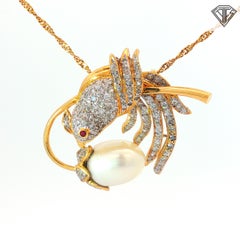 Vintage 18 Karat Gold Diamond Bird Pendant Brooch with Pearl Drop Necklace