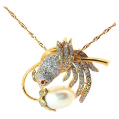 Vintage 18 Karat Gold Diamond Bird Pendant Brooch with Pearl Drop Necklace