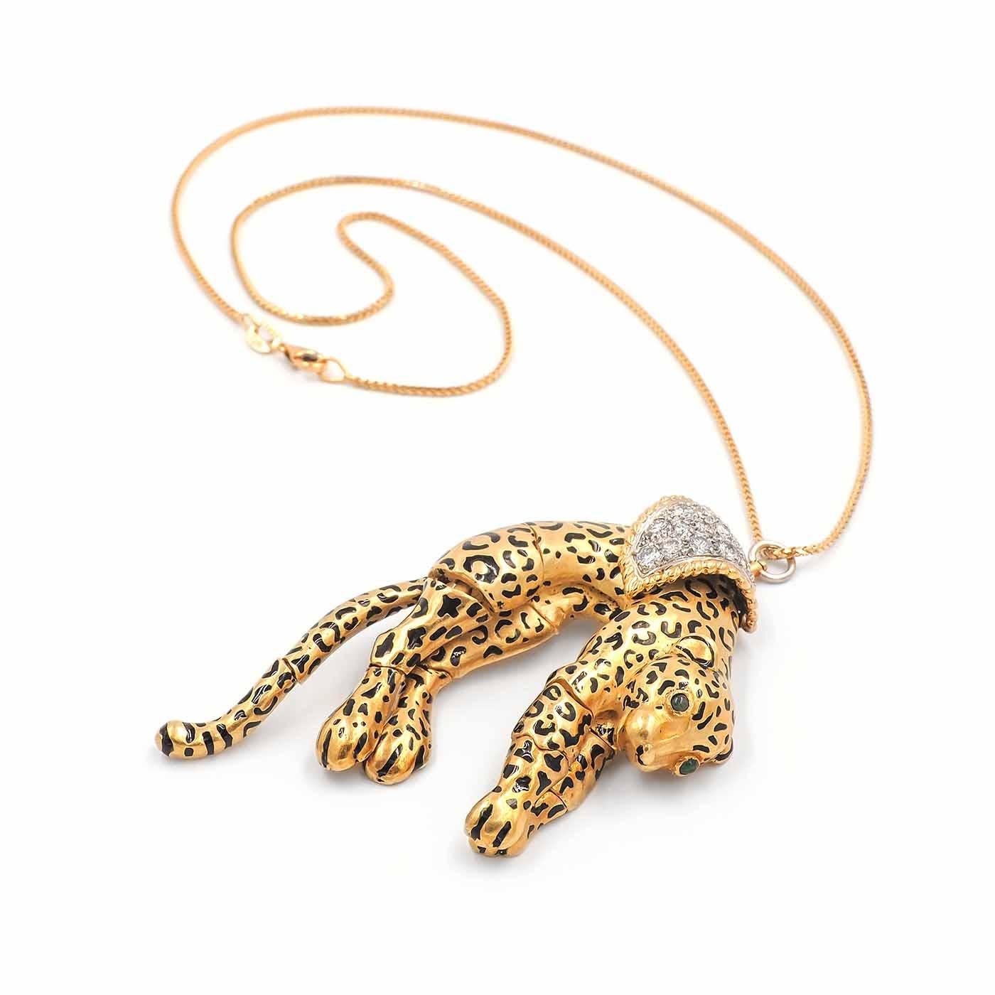 Contemporary Vintage 18 Karat Gold, Diamond & Black Enamel Panther Pendant Necklace