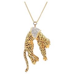 Vintage 18 Karat Gold, Diamond & Black Enamel Panther Pendant Necklace