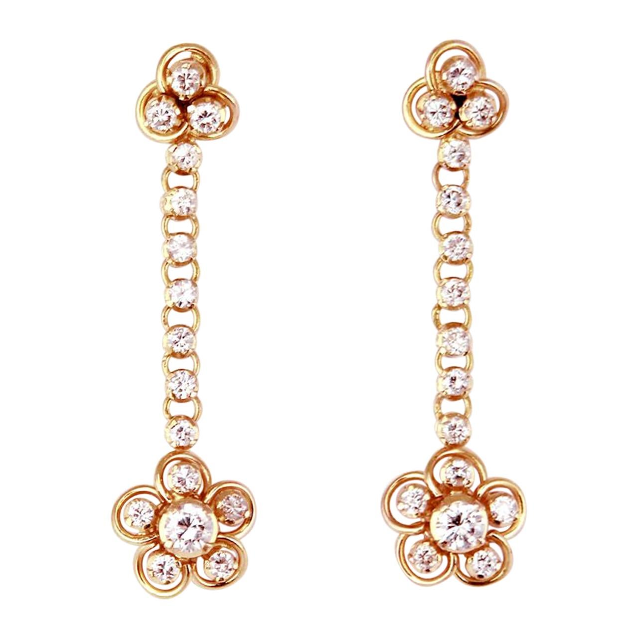 Vintage 18 Karat Gold Diamond Drop Earrings For Sale