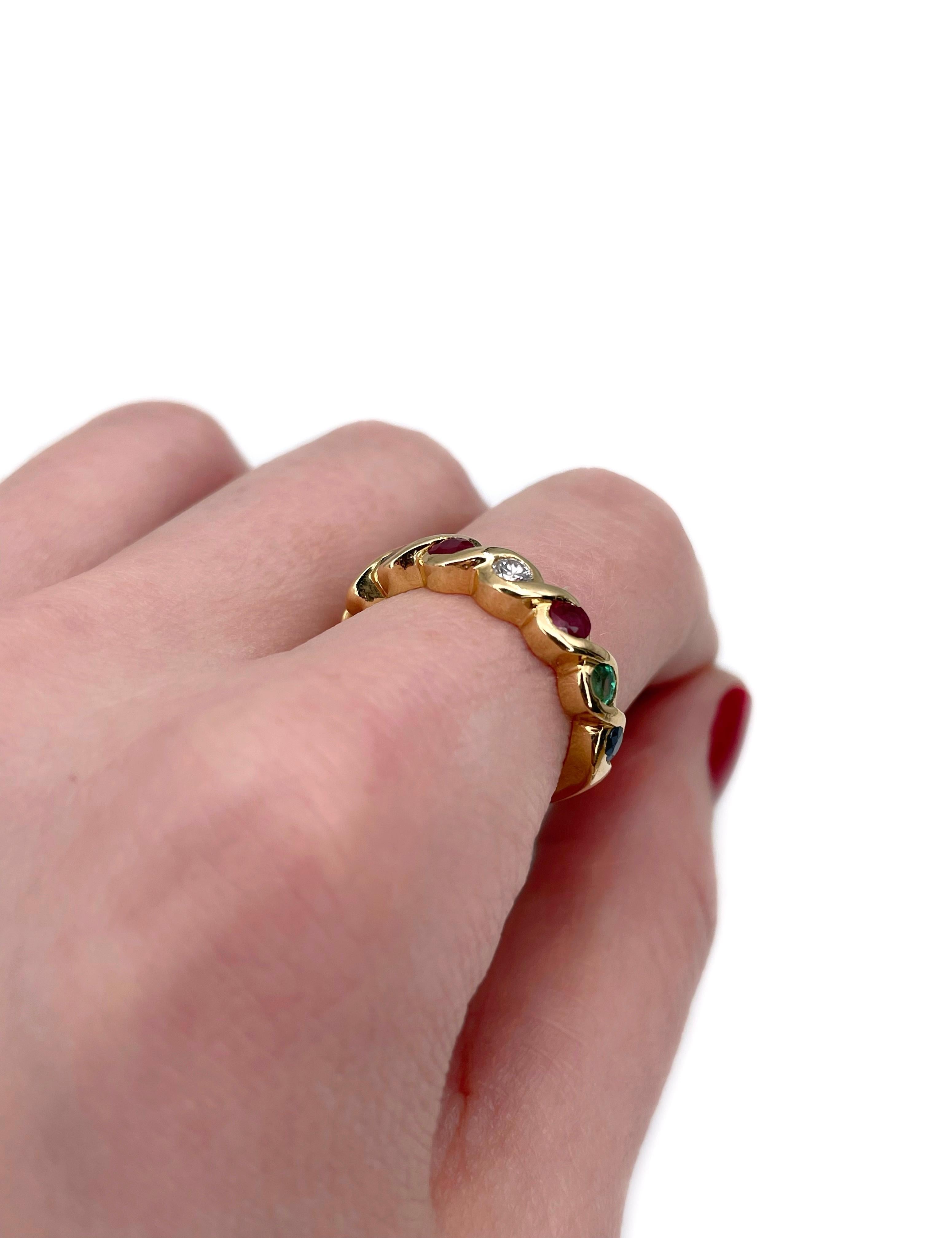 Modern Vintage 18 Karat Gold Diamond Emerald Ruby Sapphire Band Ring
