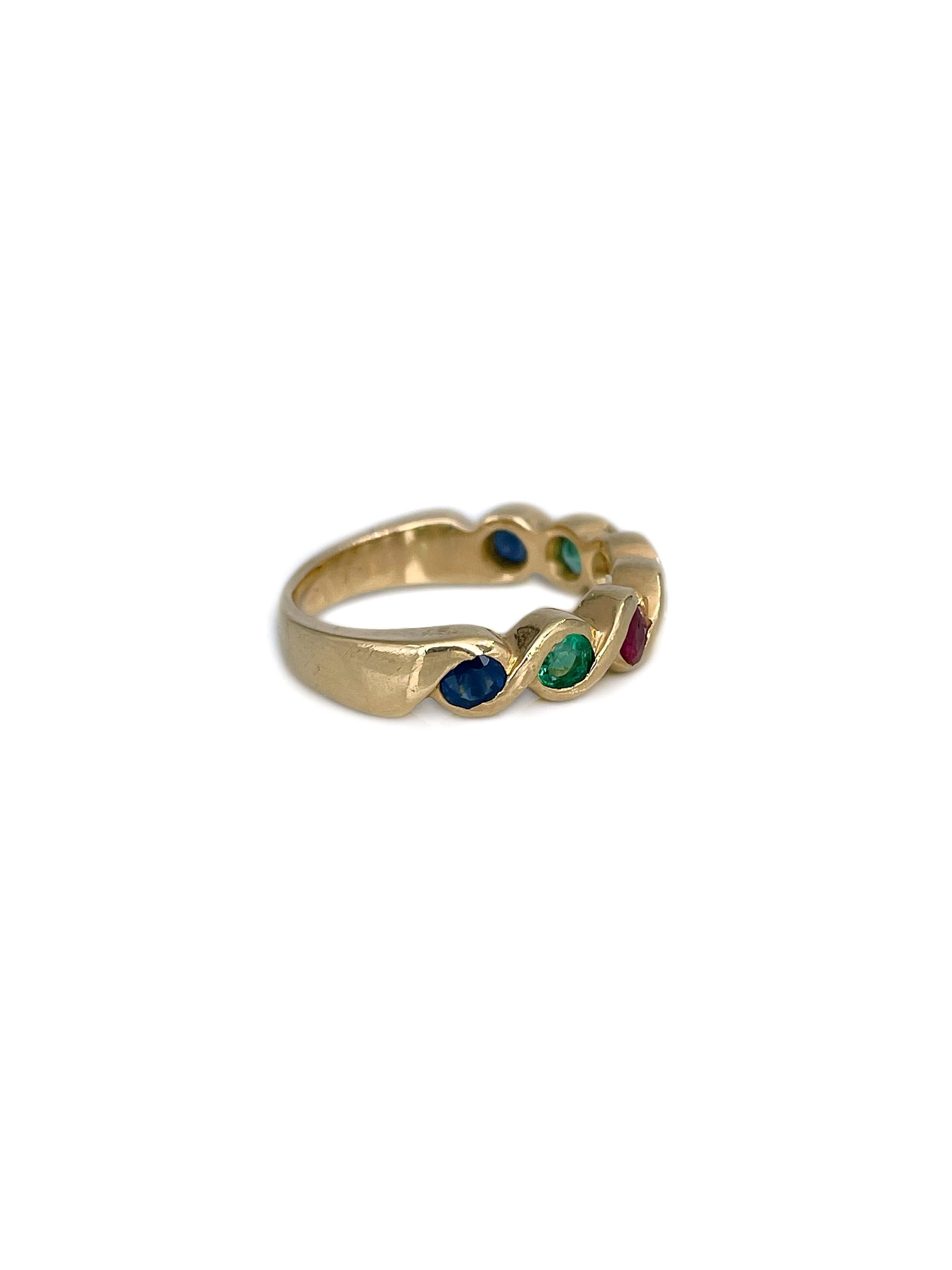 Round Cut Vintage 18 Karat Gold Diamond Emerald Ruby Sapphire Band Ring