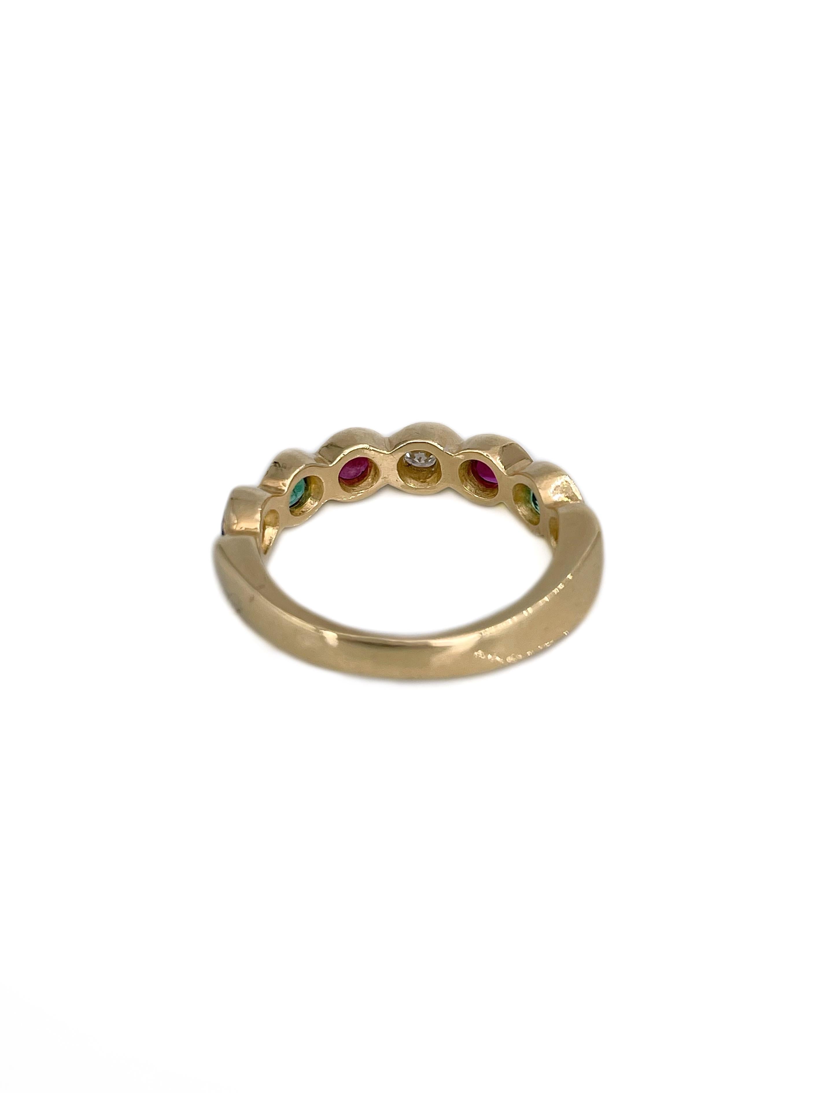 Vintage 18 Karat Gold Diamond Emerald Ruby Sapphire Band Ring In Good Condition In Vilnius, Vilniaus apskr.