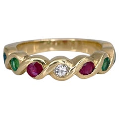 Vintage 18 Karat Gold Diamond Emerald Ruby Sapphire Band Ring
