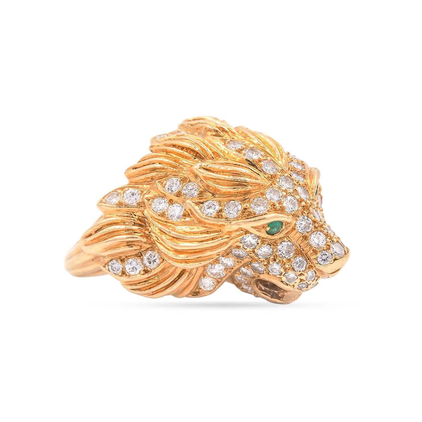 Vintage Diamond Lion's Head Ring composed of 18k yellow gold. Depicting a three dimensional lion's head and mane, set with 80 Round Brilliant Cut diamonds weighing approximately 1.50 carats in total. Diamonds are estimated G-H color & VS1 clarity.