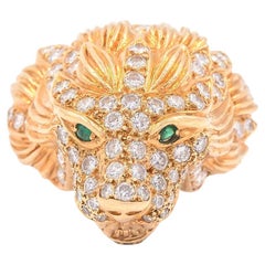 Vintage 18 Karat Gold Diamond Lion's Head Ring