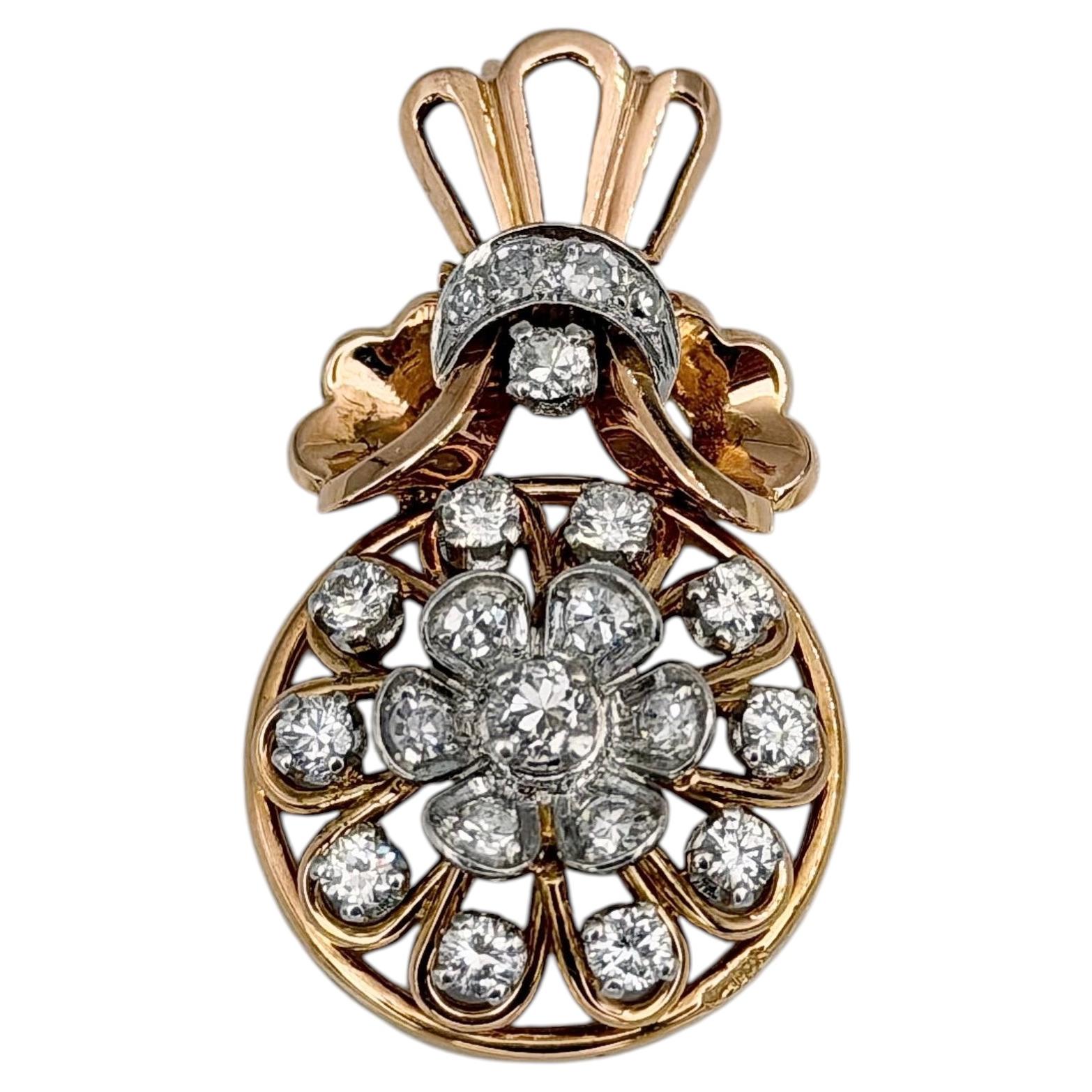 Vintage 18 Karat Gold Diamond Openwork Flower Pendant For Sale