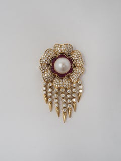 Vintage 18 Karat Gold Diamond Ruby and Pearl Brooch, Circa 1980