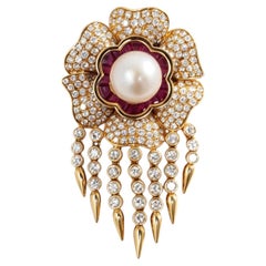 Vintage 18 Karat Gold Diamond Ruby and Pearl Brooch, Circa 1980