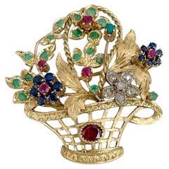 Vintage 18 Karat Gold Diamond Ruby Emerald Sapphire Flower Basket Pin Brooch