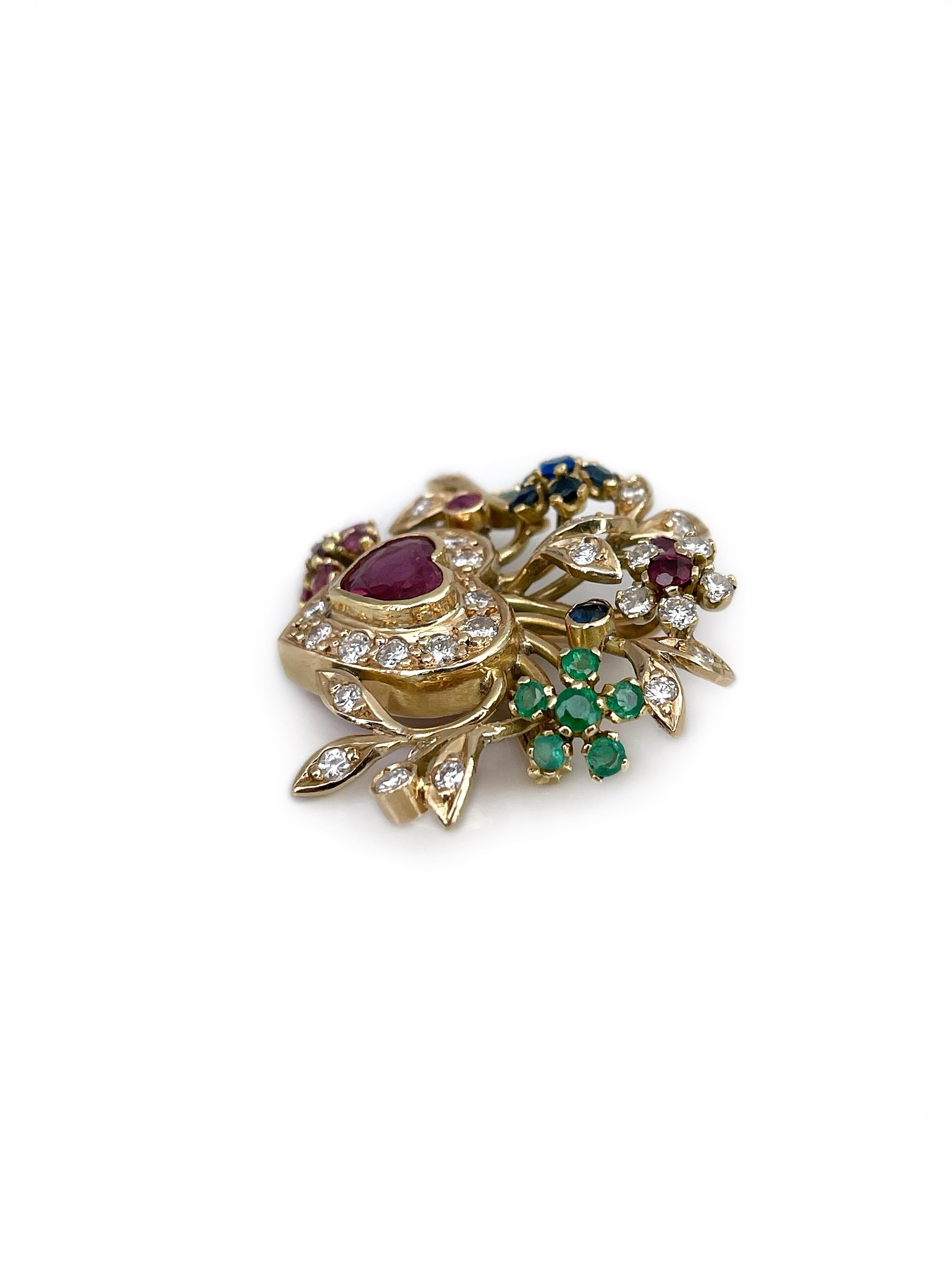 Vintage 18 Karat Gold Diamond Sapphire Emerald Ruby Floral Heart Pendant Brooch In Good Condition In Vilnius, LT