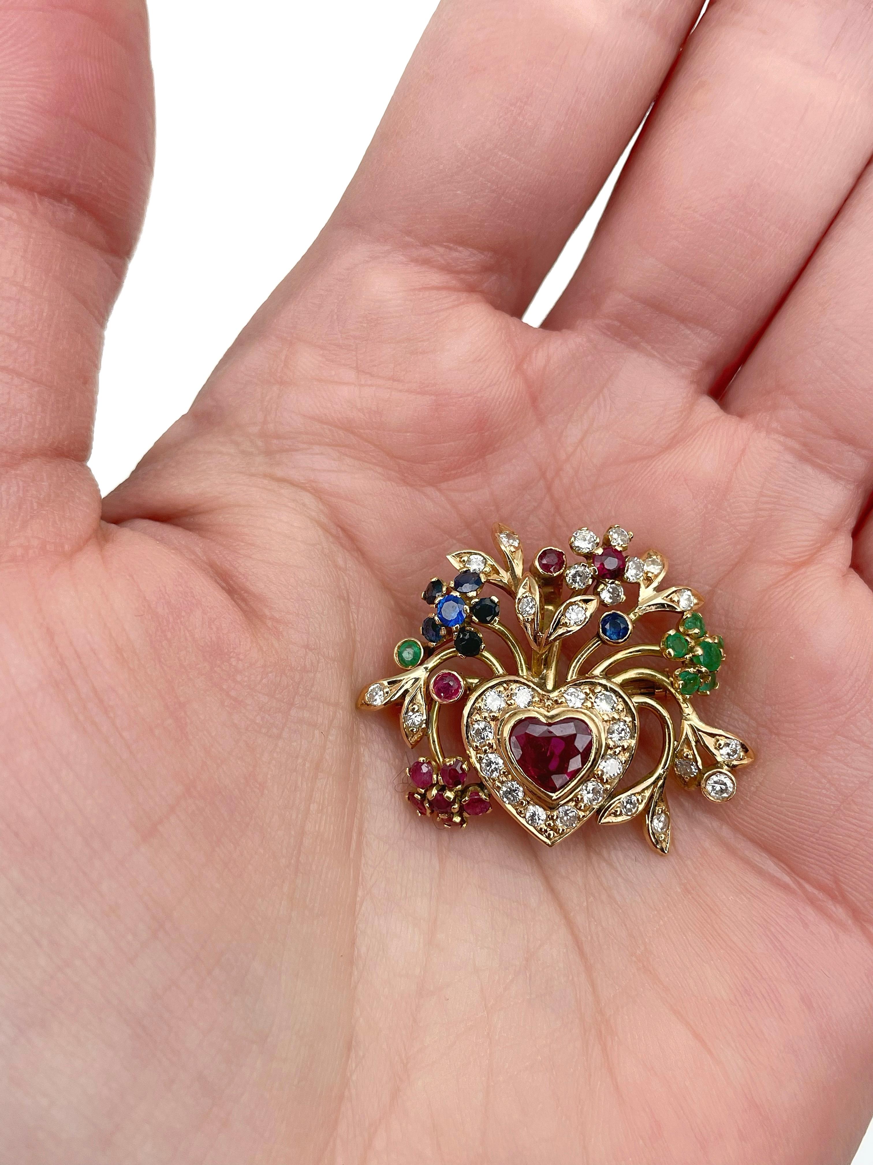 Women's Vintage 18 Karat Gold Diamond Sapphire Emerald Ruby Floral Heart Pendant Brooch