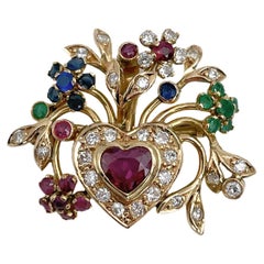 Vintage 18 Karat Gold Diamond Sapphire Emerald Ruby Floral Heart Pendant Brooch