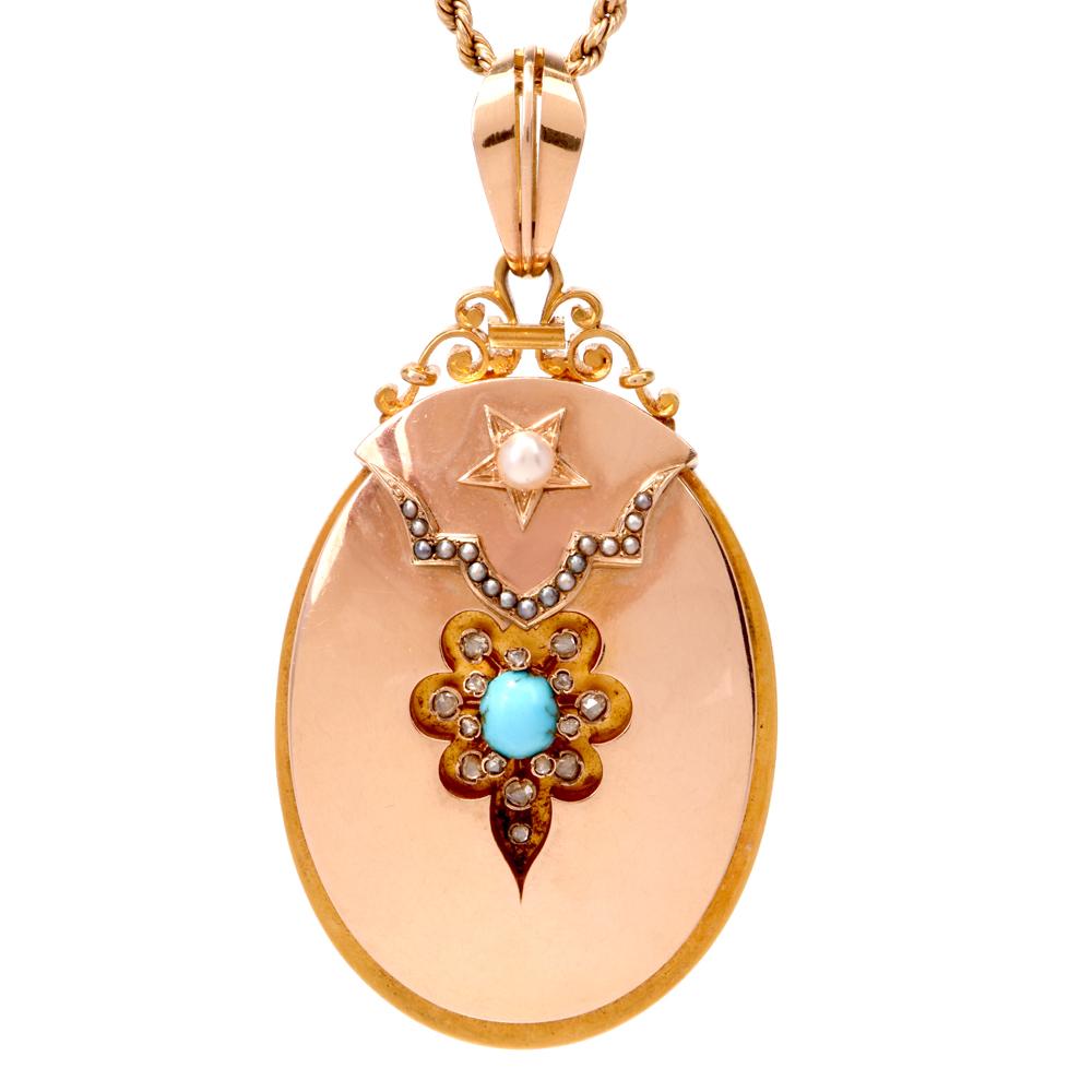 Vintage 18 Karat Gold Diamond Turquoise Pearl Locket Pendant