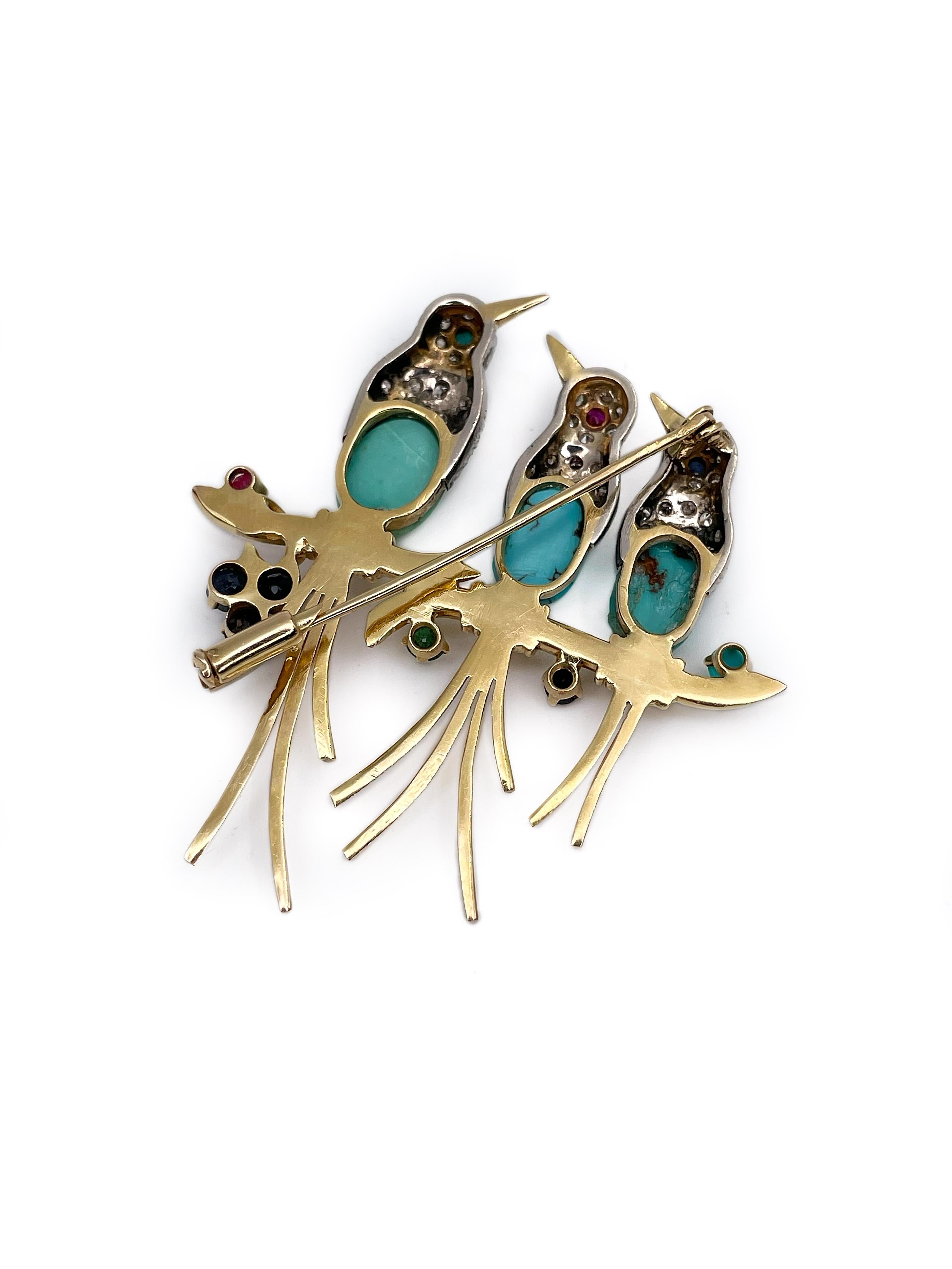 Modern Vintage 18 Karat Gold Diamond Turquoise Sapphire Ruby Emerald Love Birds Brooch For Sale