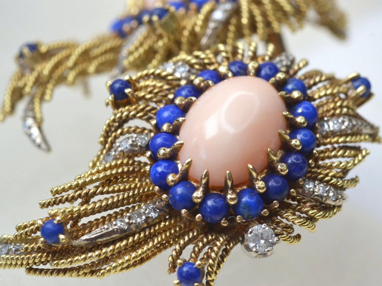 Retro Vintage 18 Karat Gold, Diamond, Vintage Coral & Lapis Lazuli Earrings For Sale