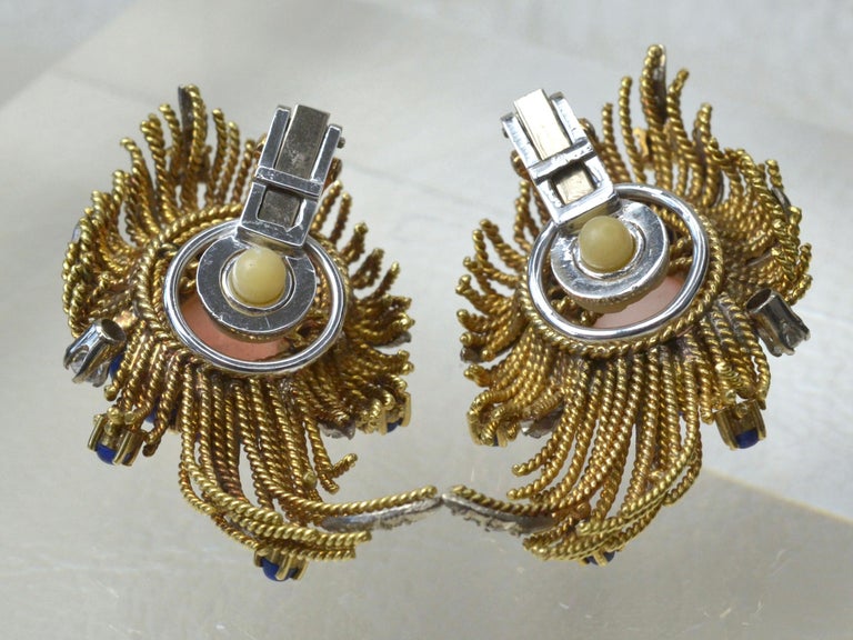 Cabochon Vintage 18 Karat Gold, Diamond, Vintage Coral & Lapis Lazuli Earrings For Sale