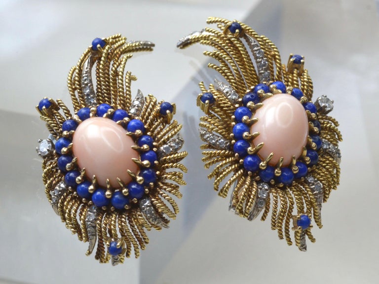 Vintage 18 Karat Gold, Diamond, Vintage Coral & Lapis Lazuli Earrings In Excellent Condition For Sale In London, GB