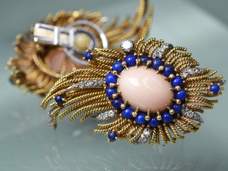 Women's Vintage 18 Karat Gold, Diamond, Vintage Coral & Lapis Lazuli Earrings For Sale