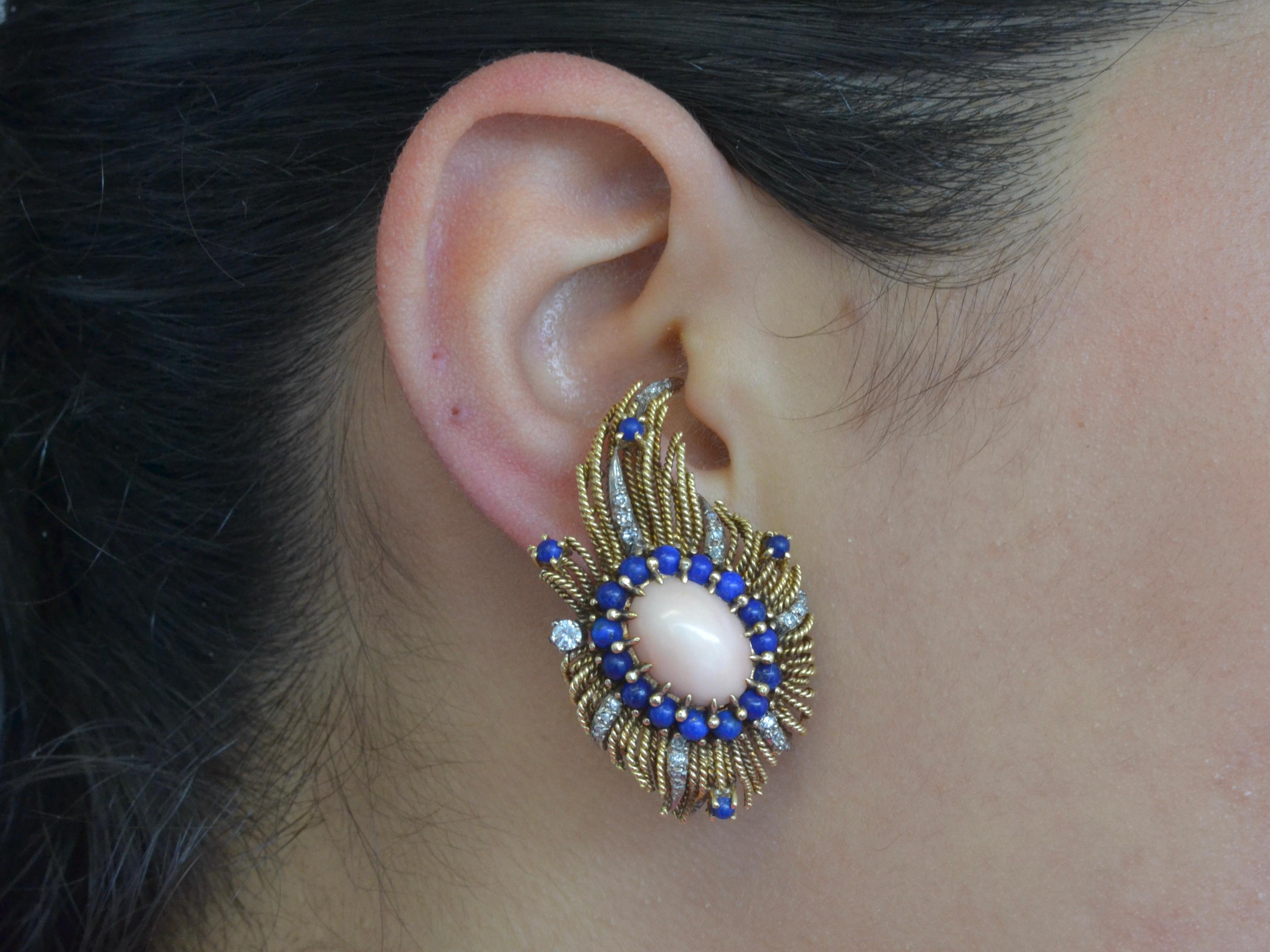 Women's Vintage 18 Karat Gold, Diamond, Vintage Coral & Lapis Lazuli Earrings For Sale