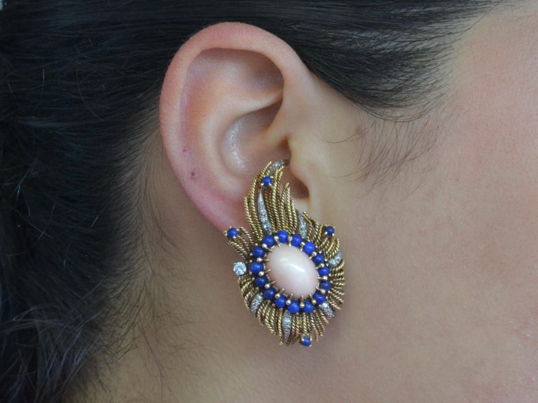 Vintage 18 Karat Gold, Diamond, Vintage Coral & Lapis Lazuli Earrings For Sale 1