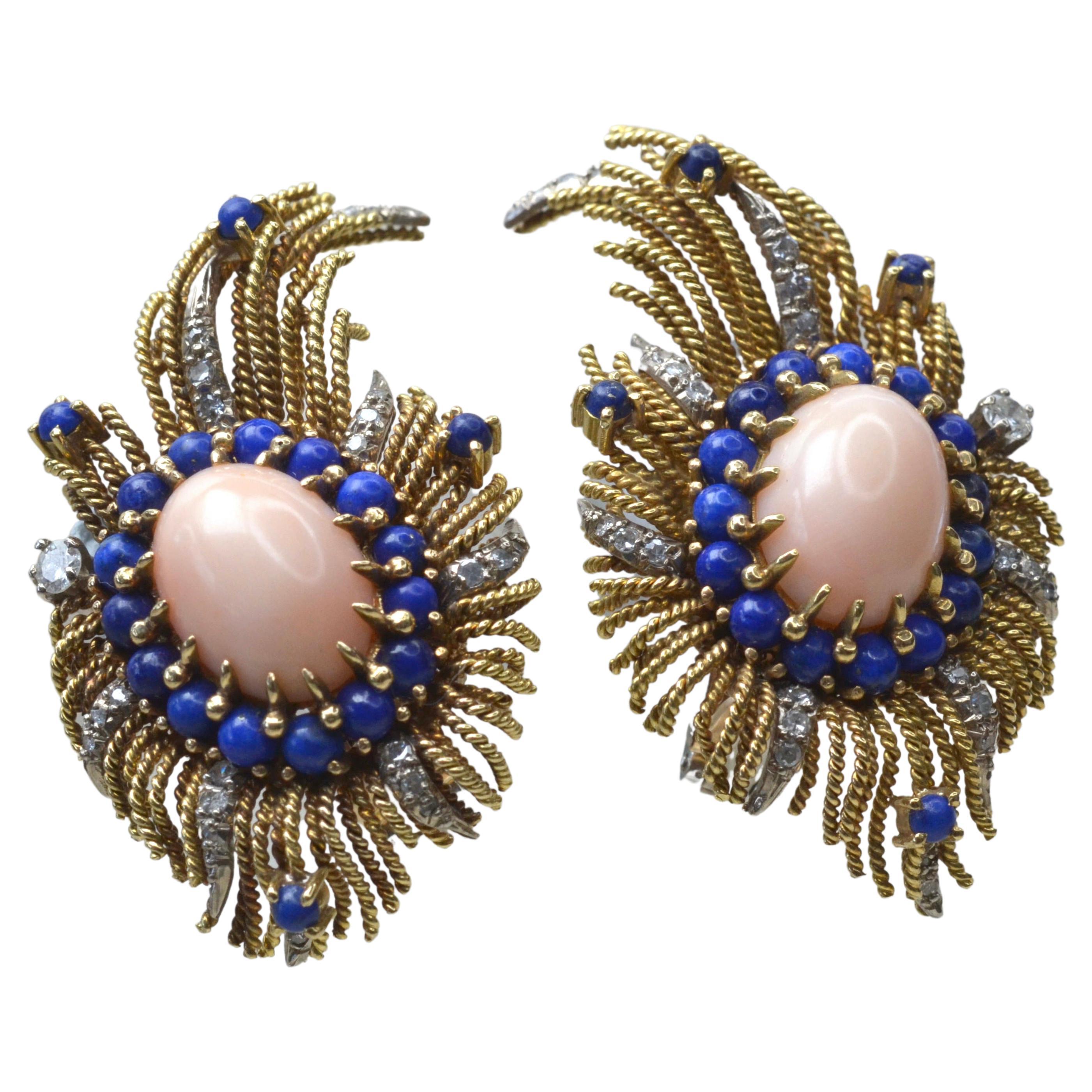 Vintage 18 Karat Gold, Diamond, Vintage Coral & Lapis Lazuli Earrings