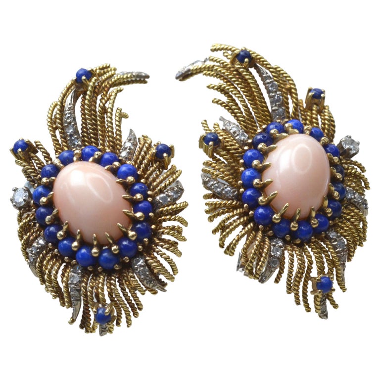 Vintage 18 Karat Gold, Diamond, Vintage Coral & Lapis Lazuli Earrings For Sale