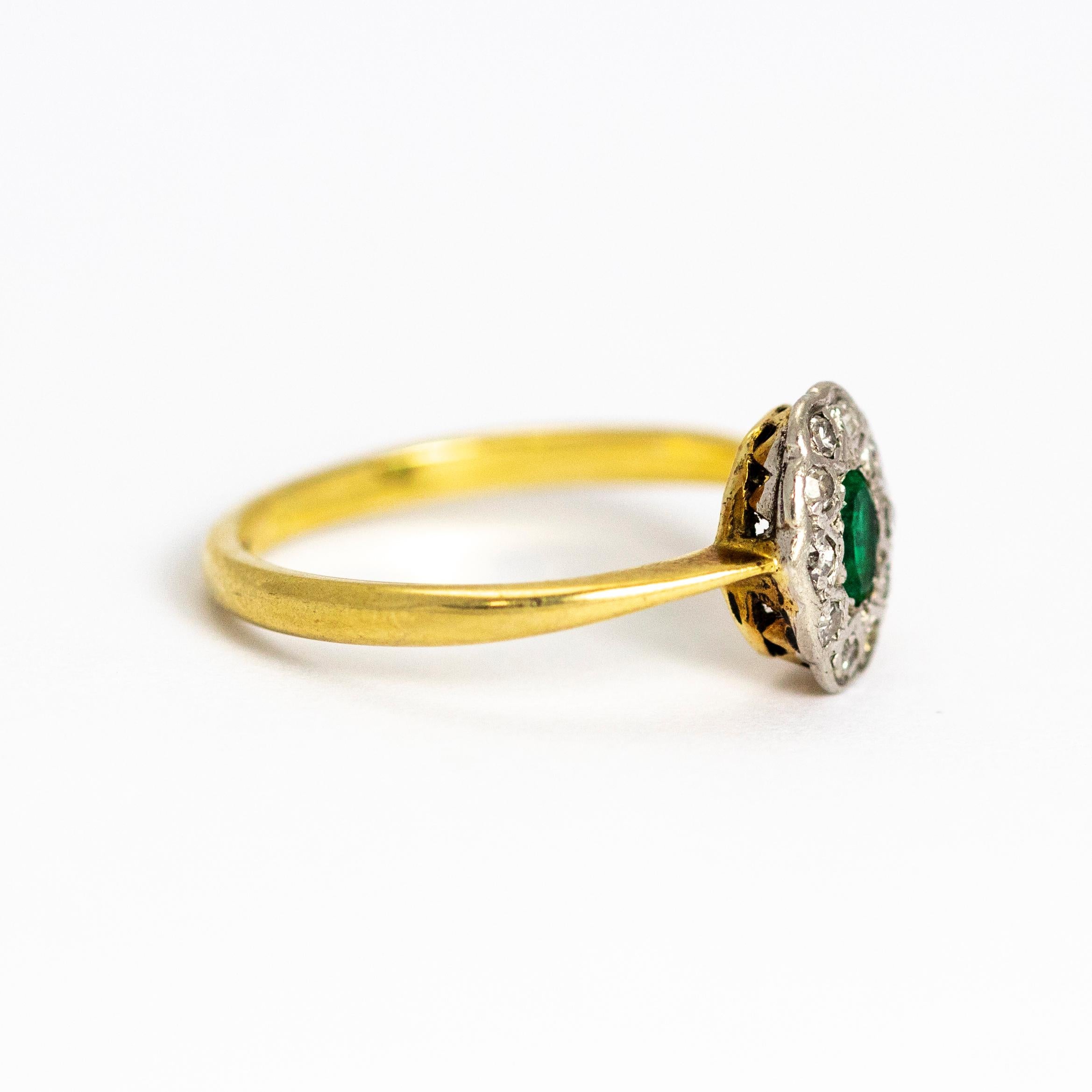 Vintage 18 Karat Gold Emerald and Diamond Cluster Ring 2