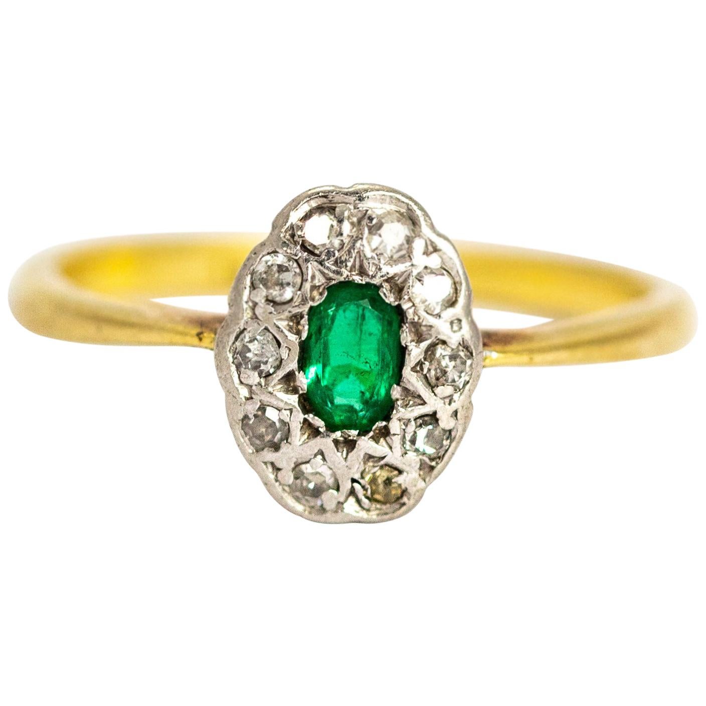 Vintage 18 Karat Gold Emerald and Diamond Cluster Ring