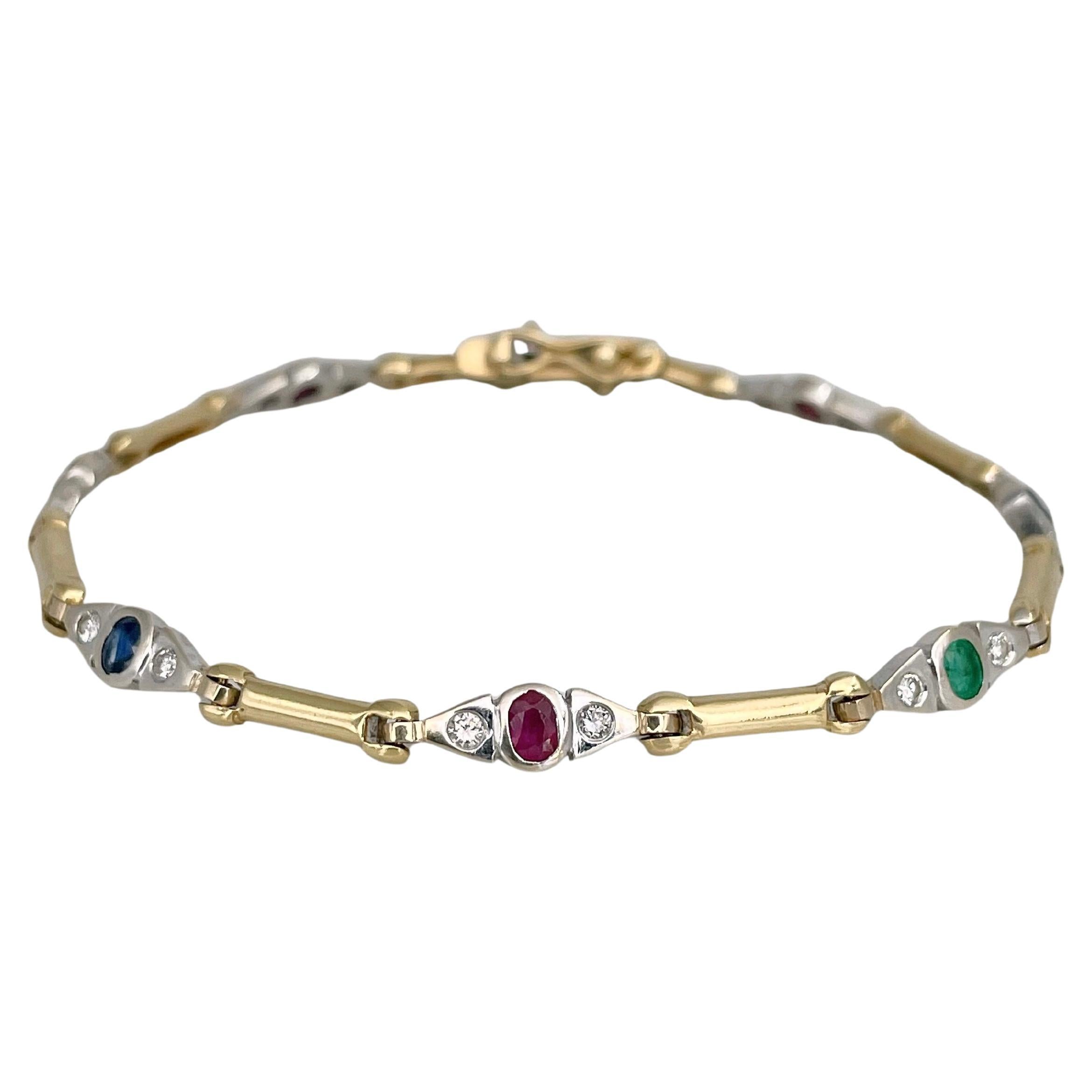 Vintage 18 Karat Gold Emerald Ruby Sapphire Diamond Tennis Bracelet