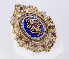 Vintage 18 Karat Gold, Enamel, Paste and Bead Brooch, 1950s