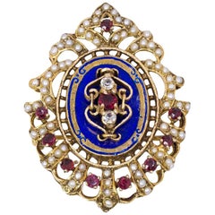 Vintage 18 Karat Gold, Enamel, Paste and Bead Brooch, 1950s