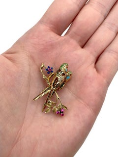Vintage 18 Karat Gold Enamel Two Parrot Bird On A Branch Pin Brooch