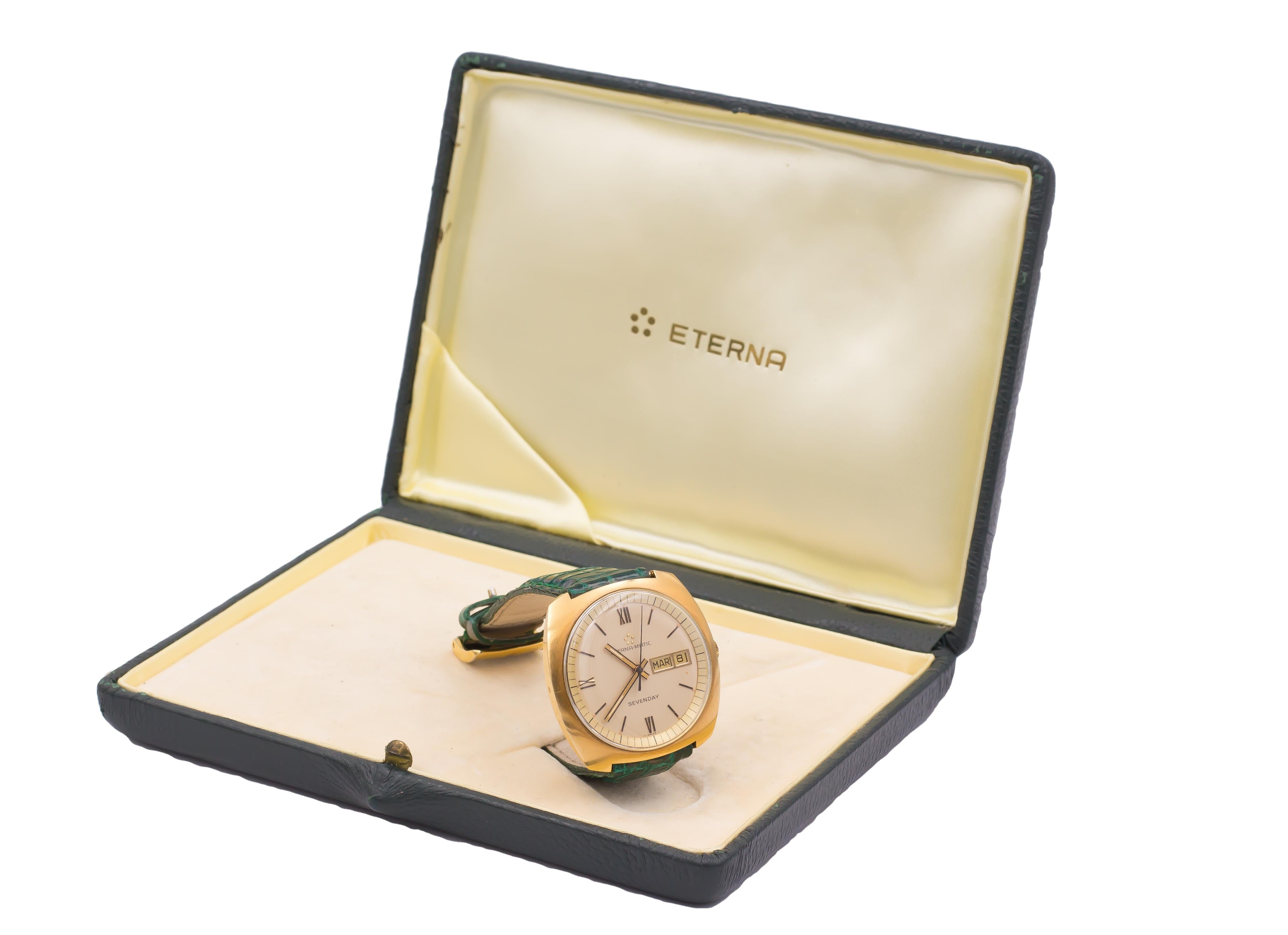 A vintage 18K gold Eterna Matic Sevenday automatic wrist watch, dating from the 1970s.
It has its original box.  

BRAND
Eterna Matic (product line: Sevenday)

MATERIALS
18K gold

MEASUREMENTS
36 x 37 mm 