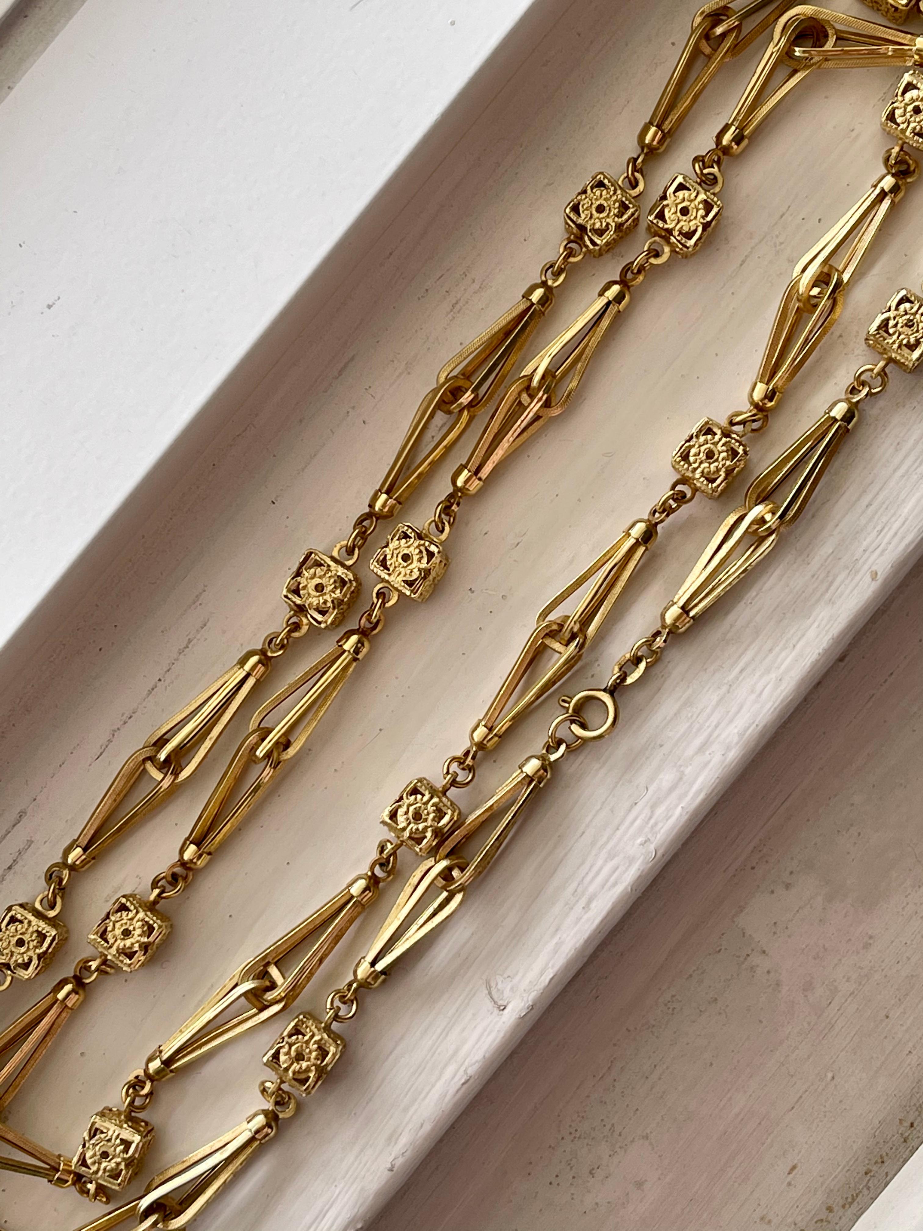 Modern Vintage 18 Karat Gold Fancy Link Long Chain