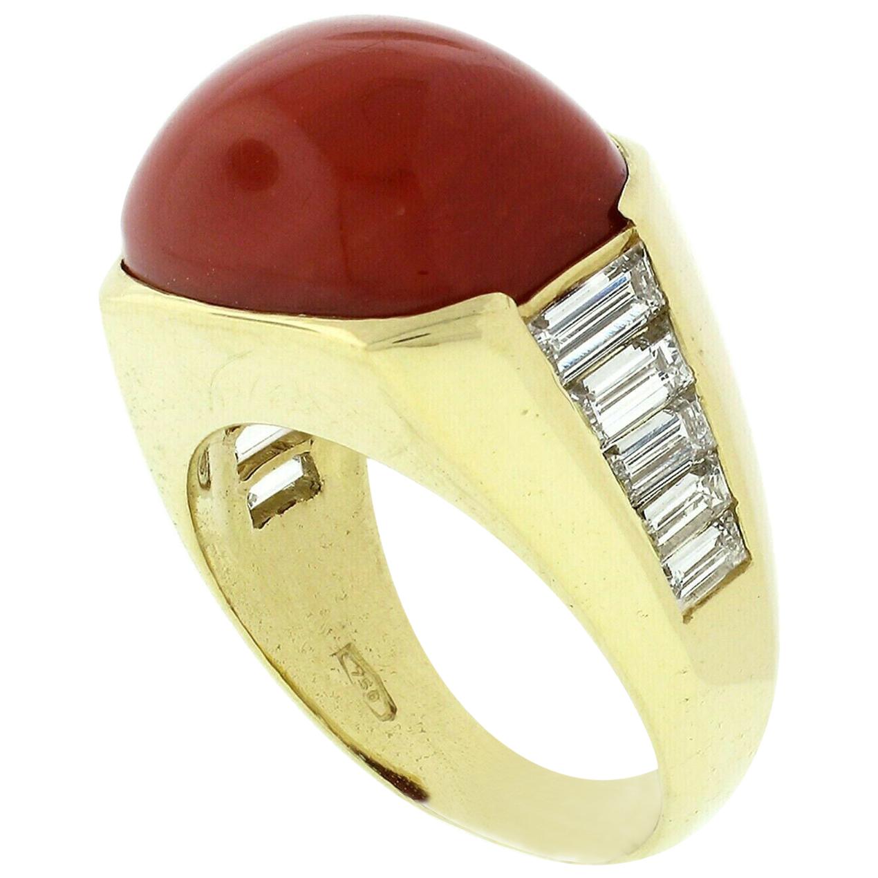 Vintage 18 Karat Gold Fine GIA Cabochon Orangy Red Coral Baguette Diamond Ring For Sale