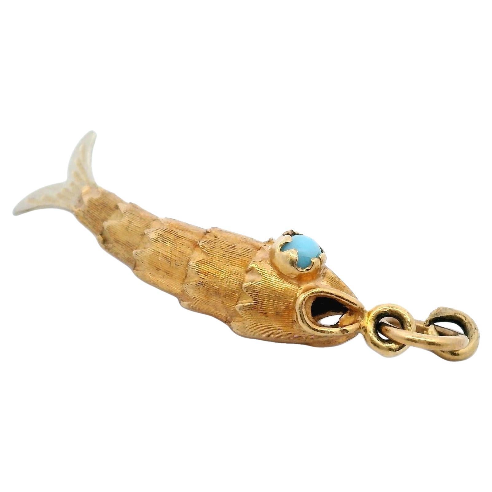 Vintage 18 Karat Gold Fish Charm Pendant with Turquoise Eyes