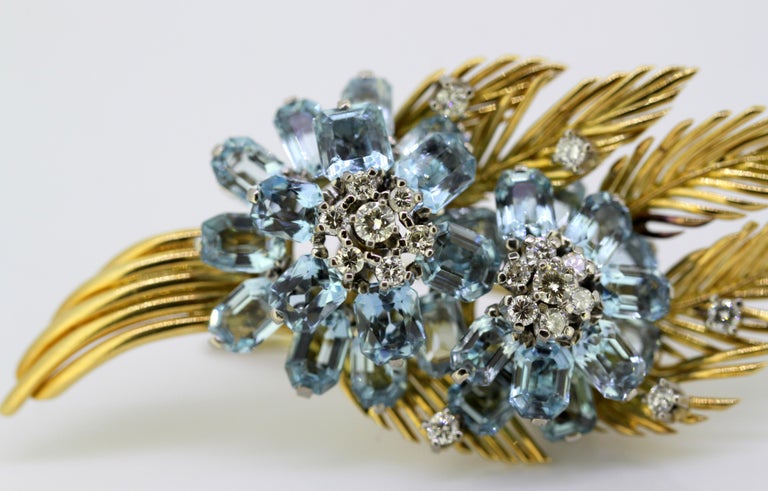 Vintage 18 Karat Gold Floral Brooch with Aquamarine and Diamonds, circa ...