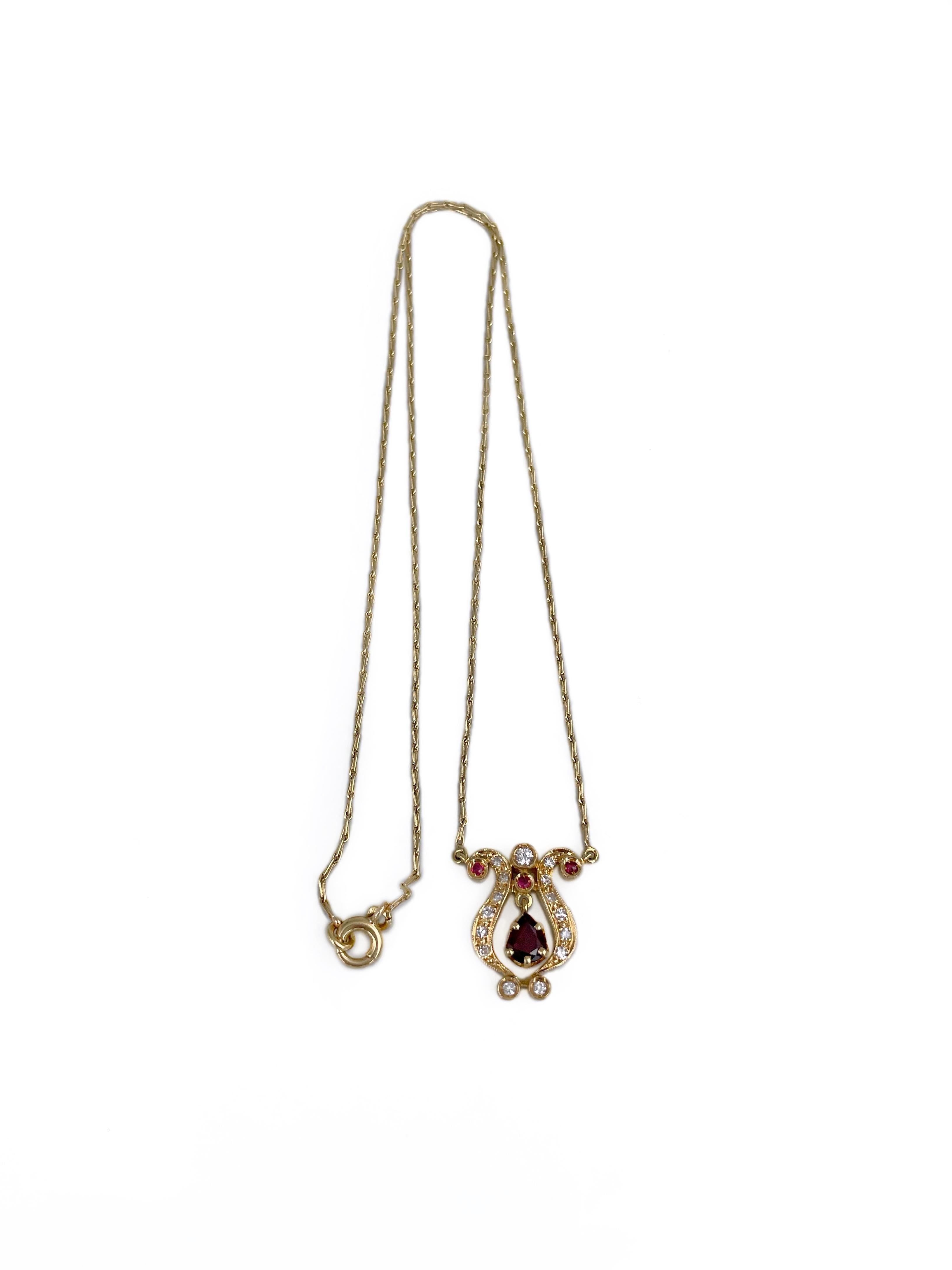 Mixed Cut Vintage 18 Karat Gold Garnet 0.10 Carat Ruby 0.24 Carat Diamond Pendant Necklace