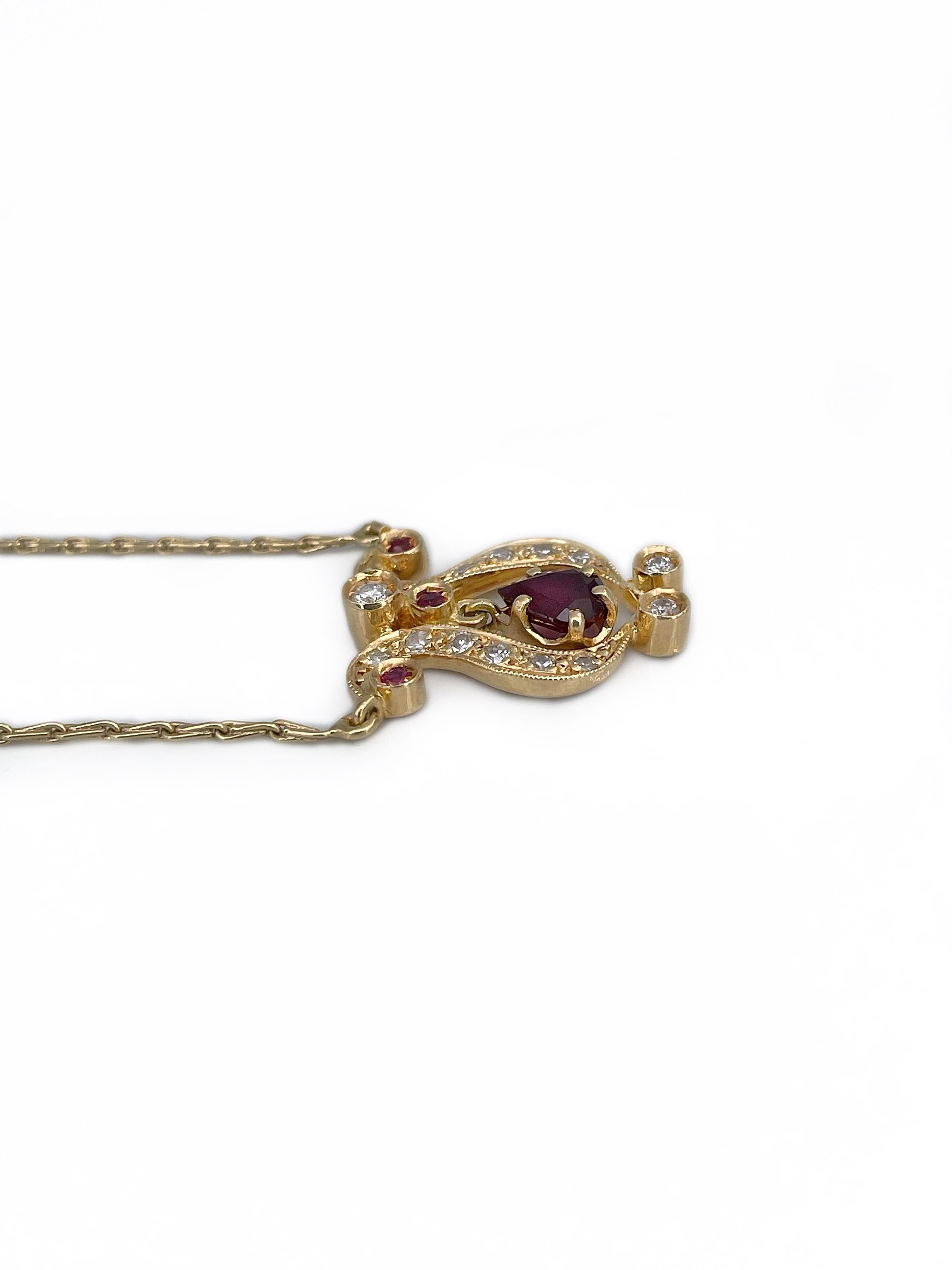 Vintage 18 Karat Gold Garnet 0.10 Carat Ruby 0.24 Carat Diamond Pendant Necklace In Good Condition In Vilnius, LT