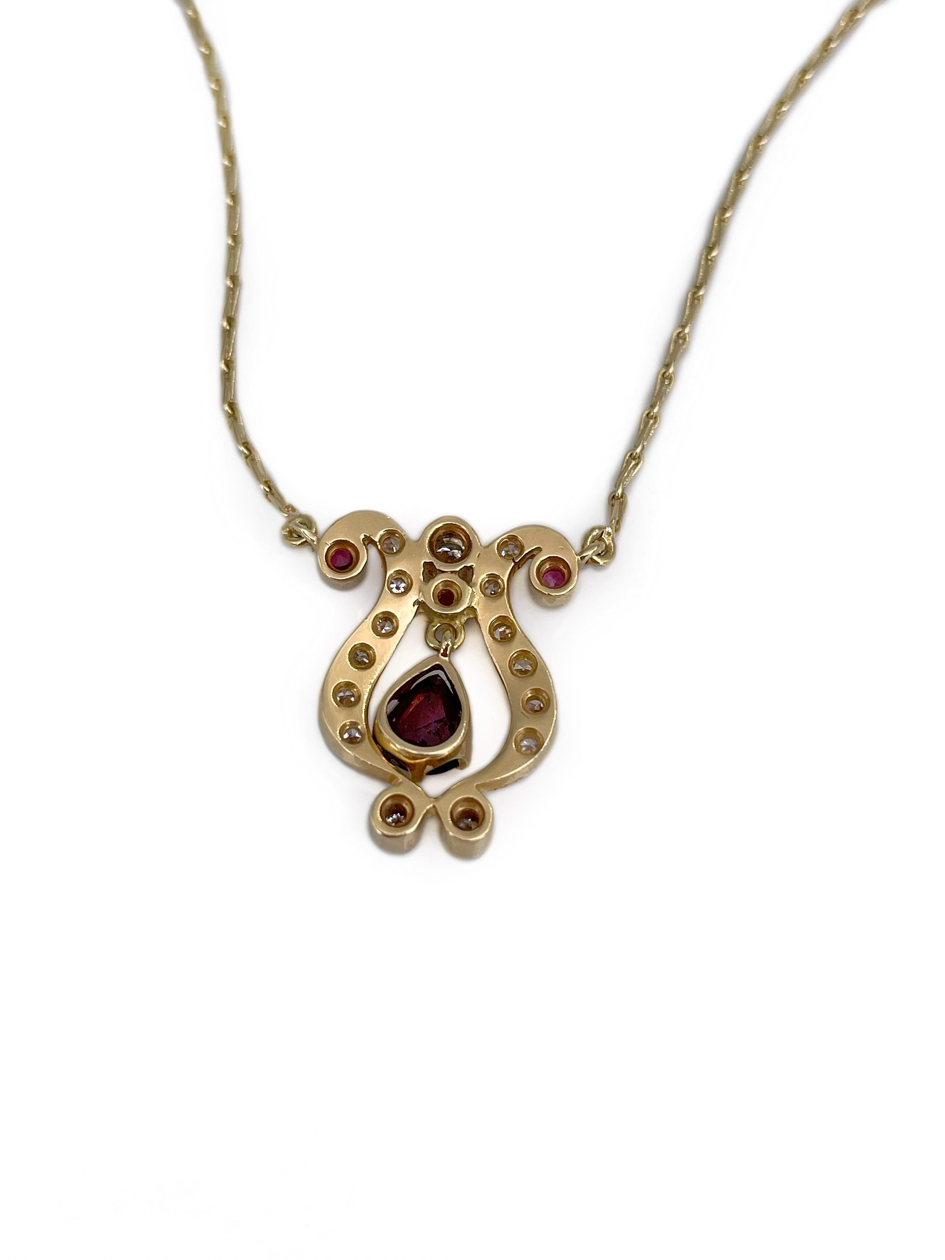 Women's Vintage 18 Karat Gold Garnet 0.10 Carat Ruby 0.24 Carat Diamond Pendant Necklace
